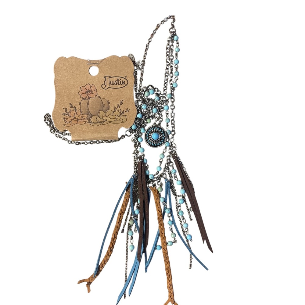 Justin Turquoise Tone Beaded Layered Necklace Feather Leather Tassels Western - Picture 6 of 8